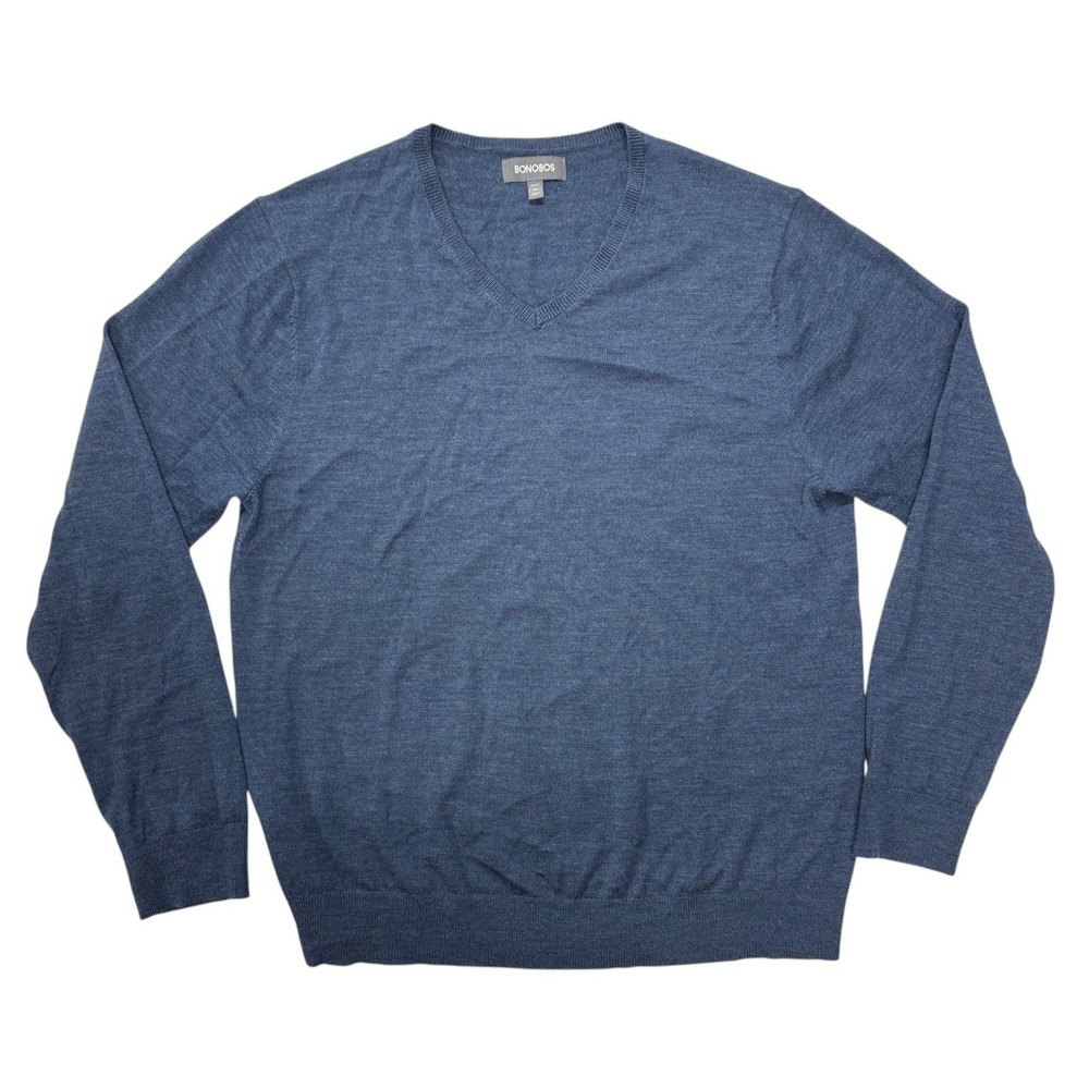 Bonobos Extra Fine Merino Wool V-Neck Sweater Mens XL Slim Heather Blue Pullover